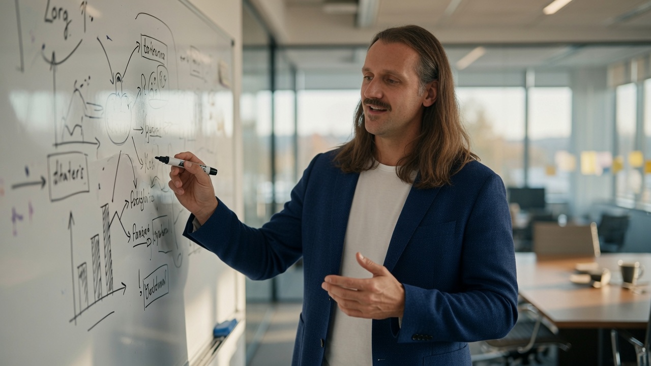 John at a whiteboard, mid-thought, in the room
